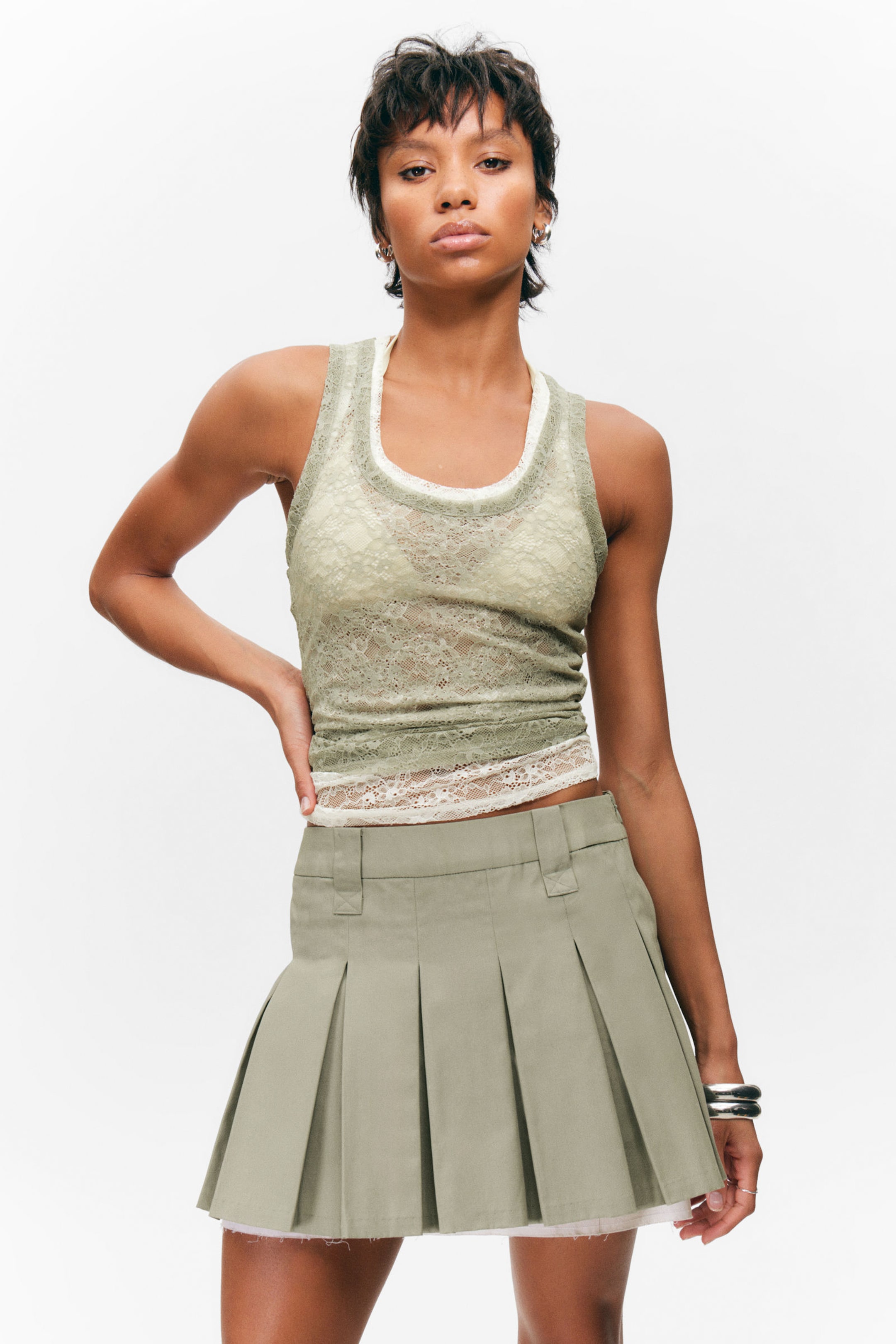 #8D8C81 - Mid-Rise Pleated Mini Twill Skirt - 2