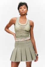 Khaki Green - Mid-Rise Pleated Mini Twill Skirt - 1