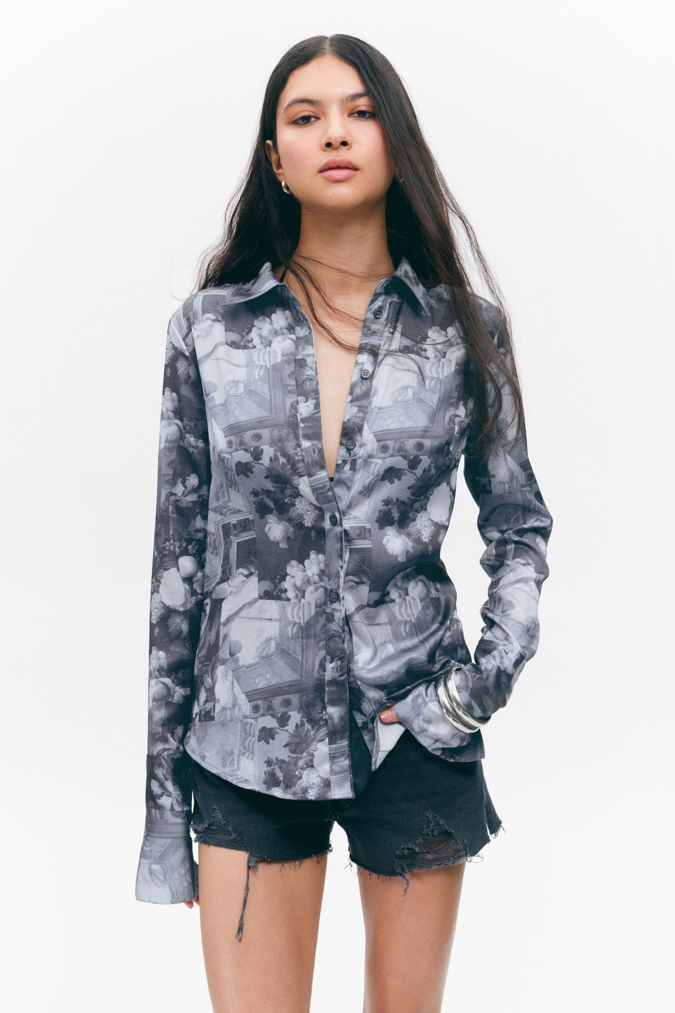 #49474C - Slim Fit Printed Button-Up Shirt - 1