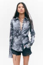 Dark Grey - Floral Collage - Slim Fit Printed Button-Up Shirt - 0