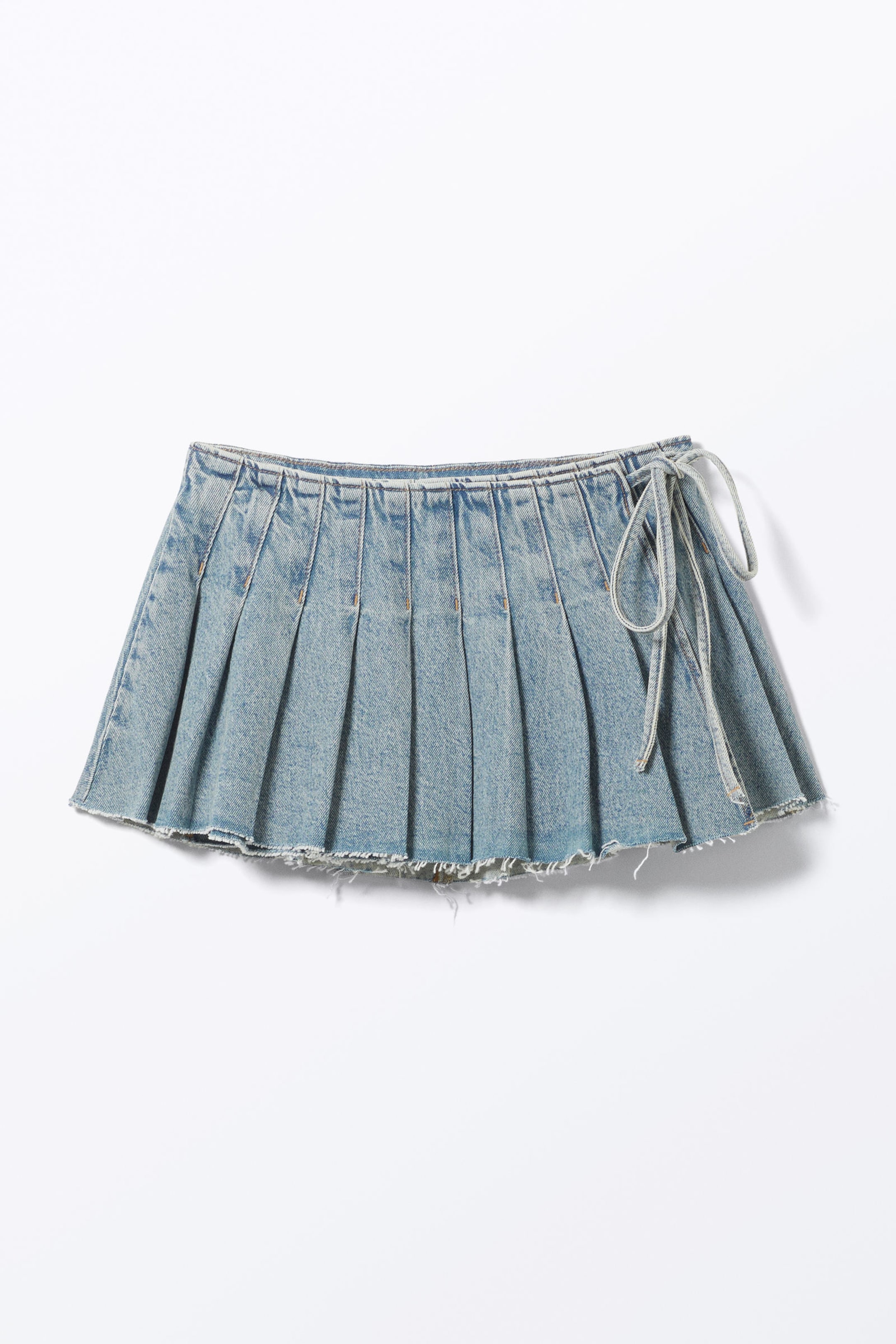 Mid Blue - Pleated Mini Denim Wrap Skirt - 4