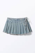 Mid Blue - Pleated Mini Denim Wrap Skirt - 4