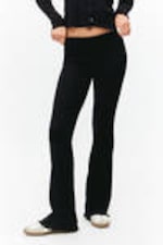 Black - Ribbed Fold-over Waist Flared Trousers - 1