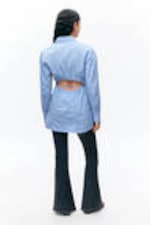 Light Blue Pinstripe - Long-Sleeved Mini Wrap Shirt Dress - 2
