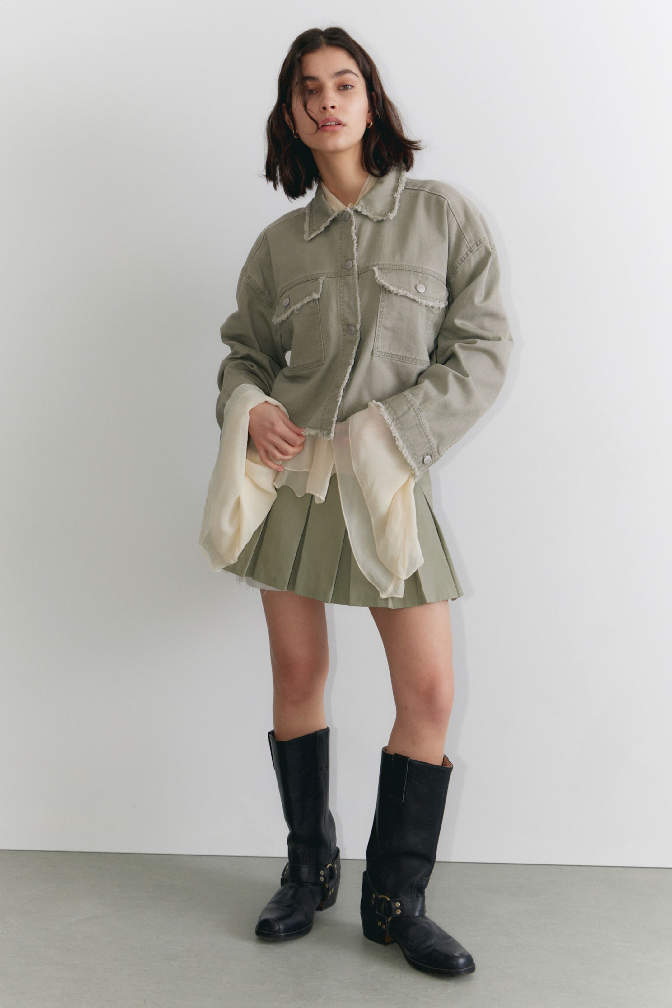 Khaki Green - Cropped Boxy Twill Jacket - 2