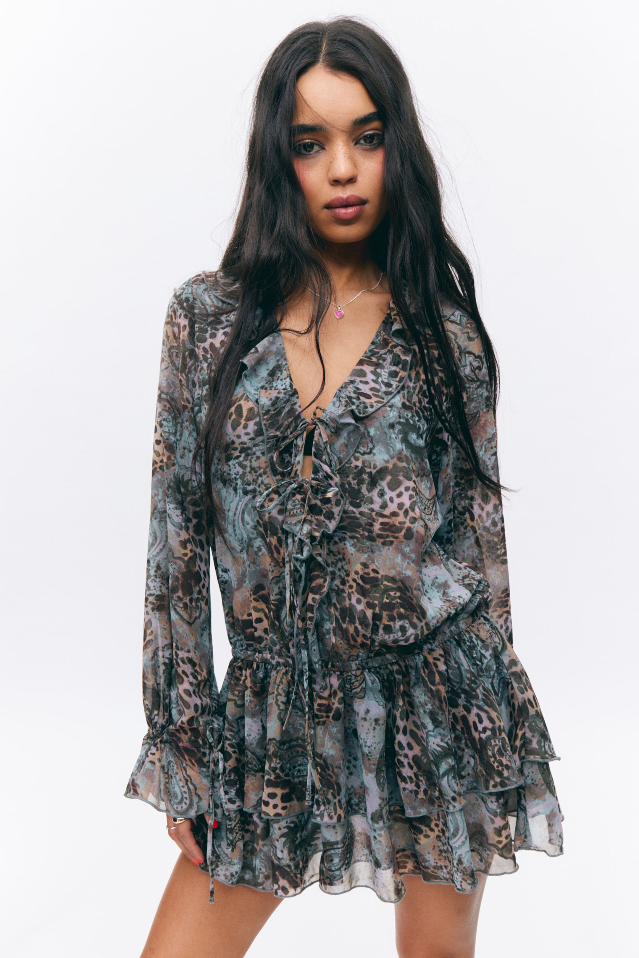 #D9D1BD - Frilled V-neck Mini Dress - 2