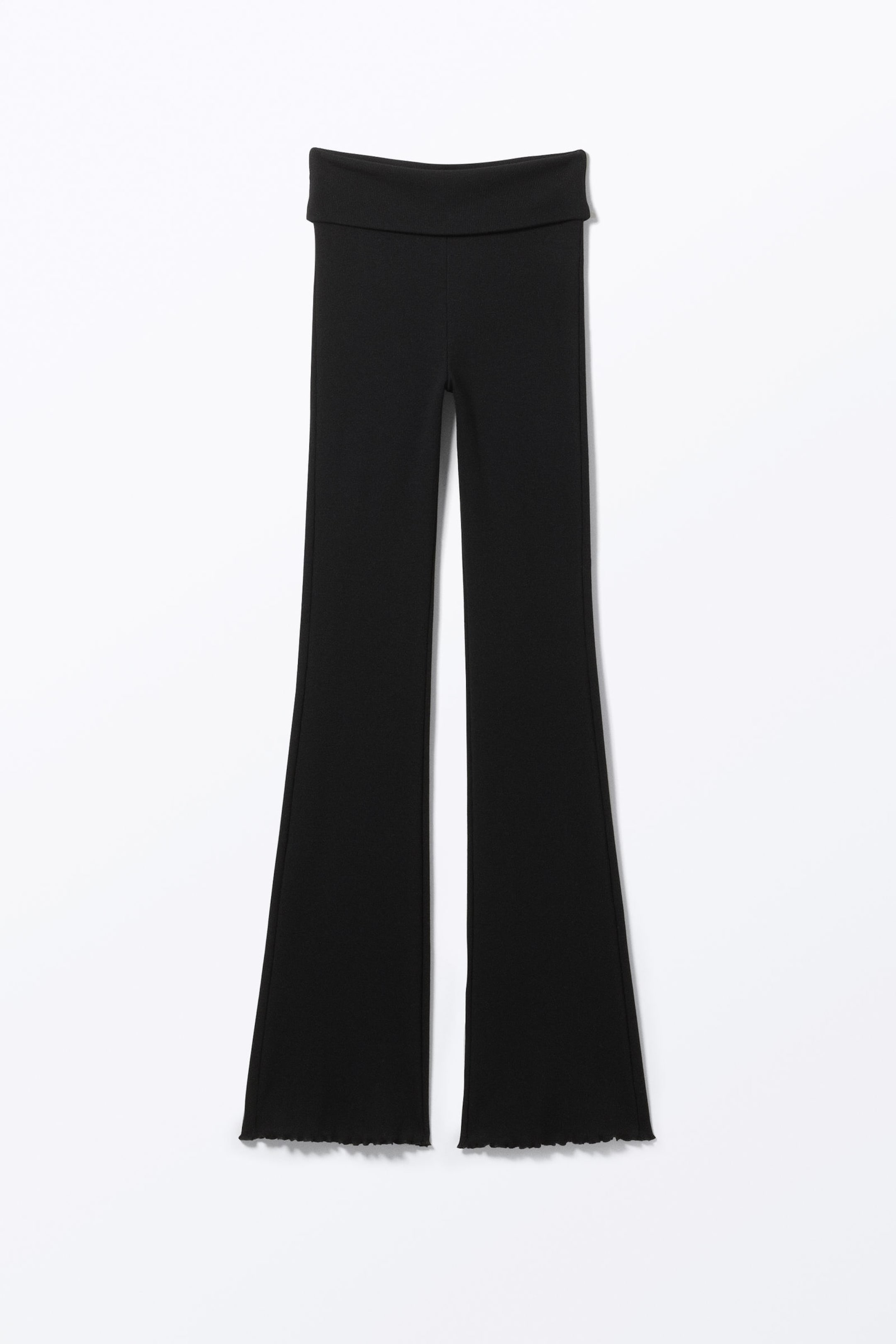 Black - Ribbed Fold-over Waist Flared Trousers - 3