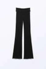 Black - Ribbed Fold-over Waist Flared Trousers - 3