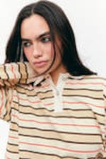 Striped Beige - Long Sleeve Rugby Polo Top - 1