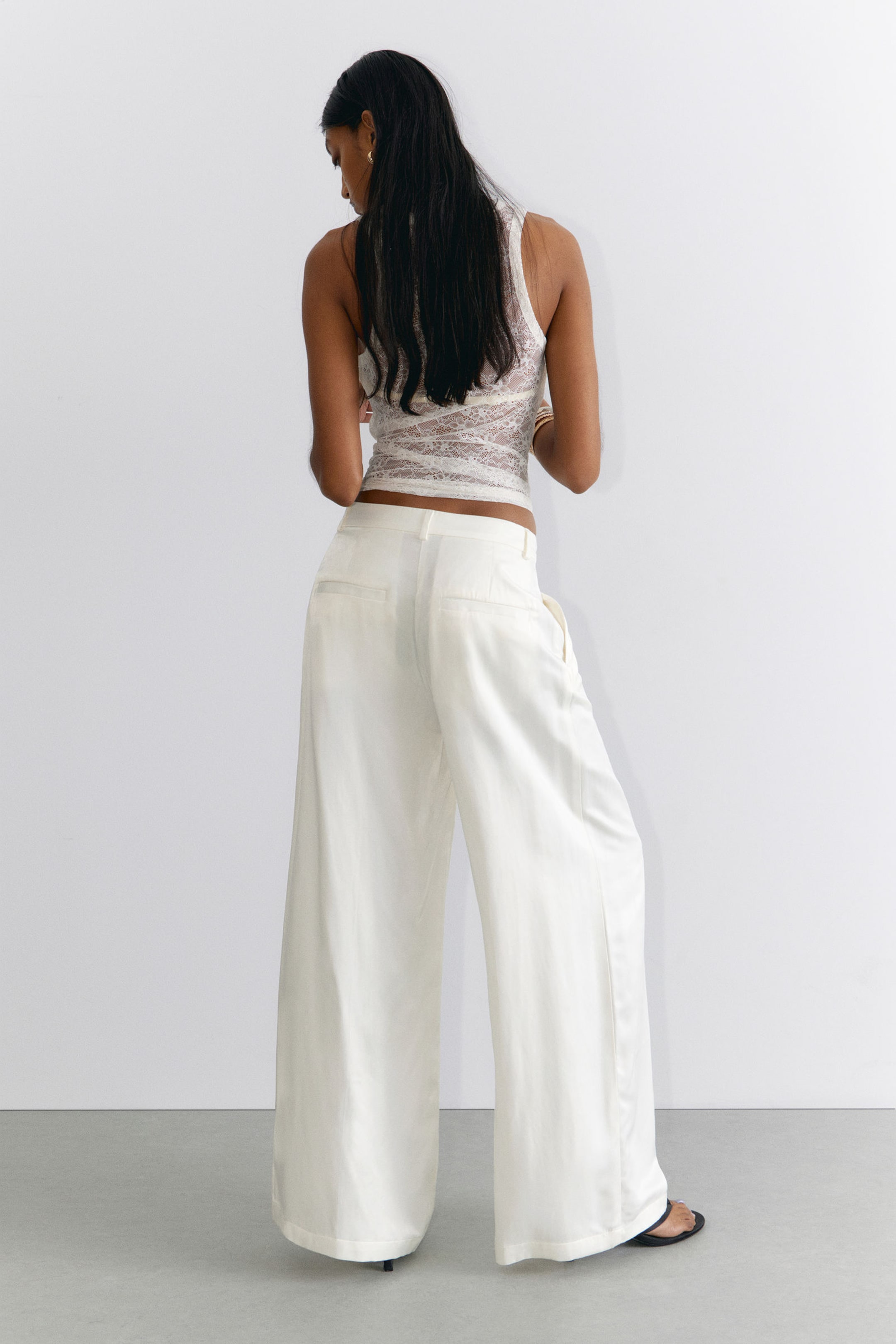 White Satin - Pleated High Waist Wide Leg Suiting Trousers - 2