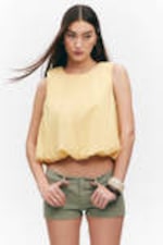 Light Yellow - Balloon Hem Sleeveless Poplin Top - 0