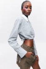 Blue & White Stripes - Cropped Loose Cargo Shirt - 1