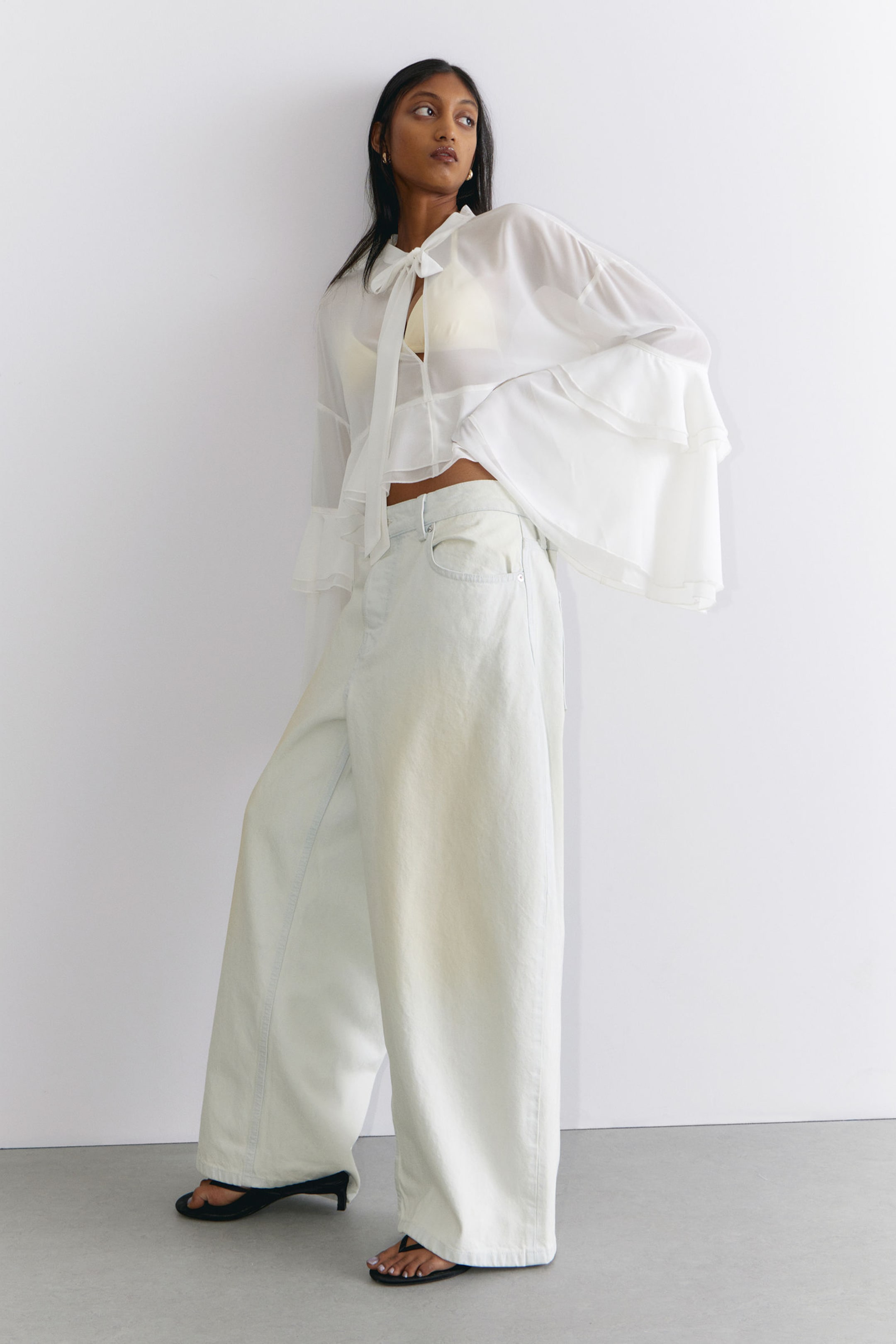 #ECE9E2 - Flared Frill-Sleeved Tie-Neck Blouse - 2