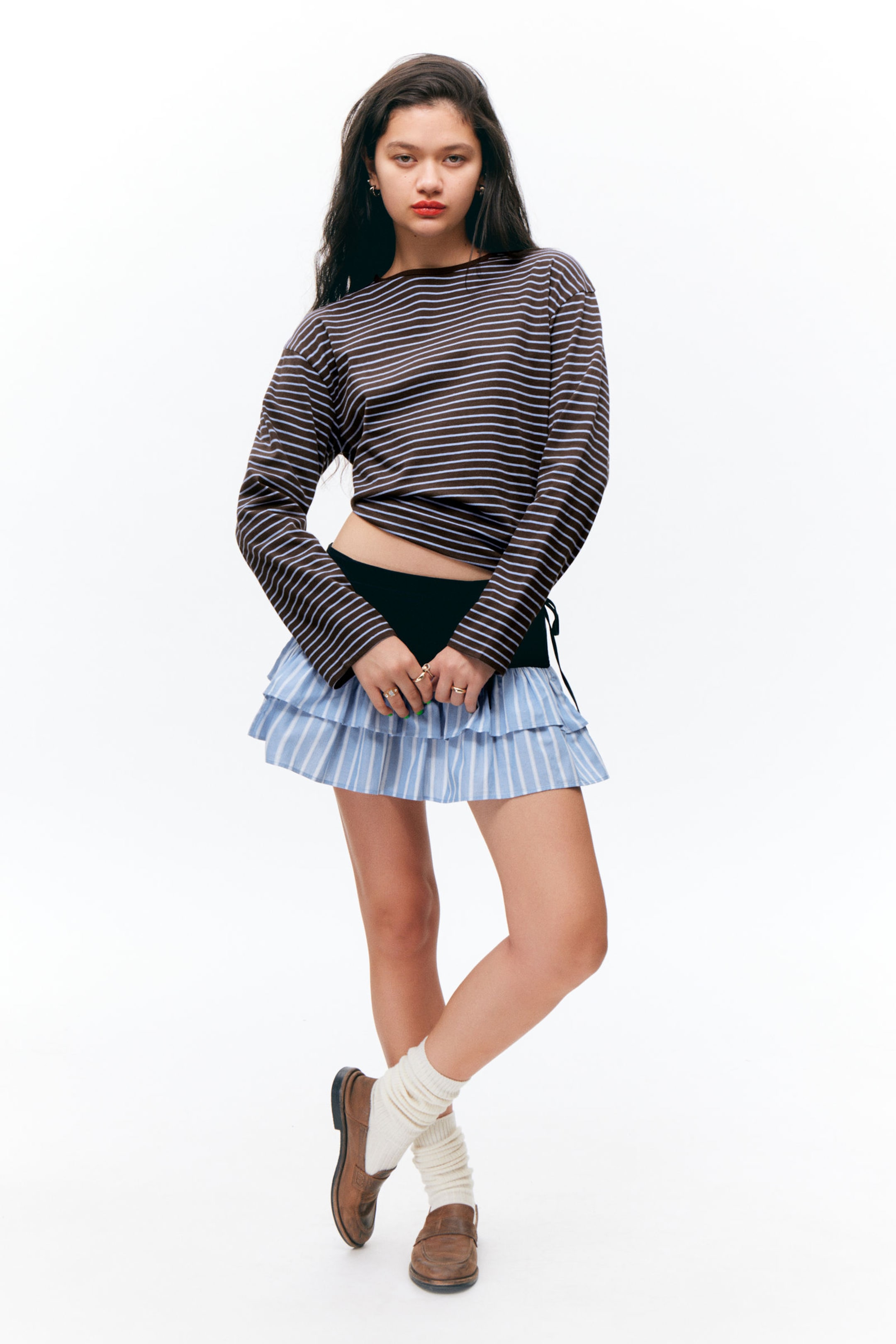 Dark Brown & Blue Stripes - Boxy Sleeve T-Shirt - 0