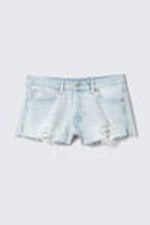 Fluid Blue - Light Blue - Low Rise Raw Hem Mini Denim Shorts - 4