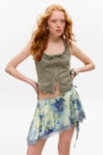 Light Yellow - Blue Floral - Lace-Trim Satin Wrap Mini Skirt - 0