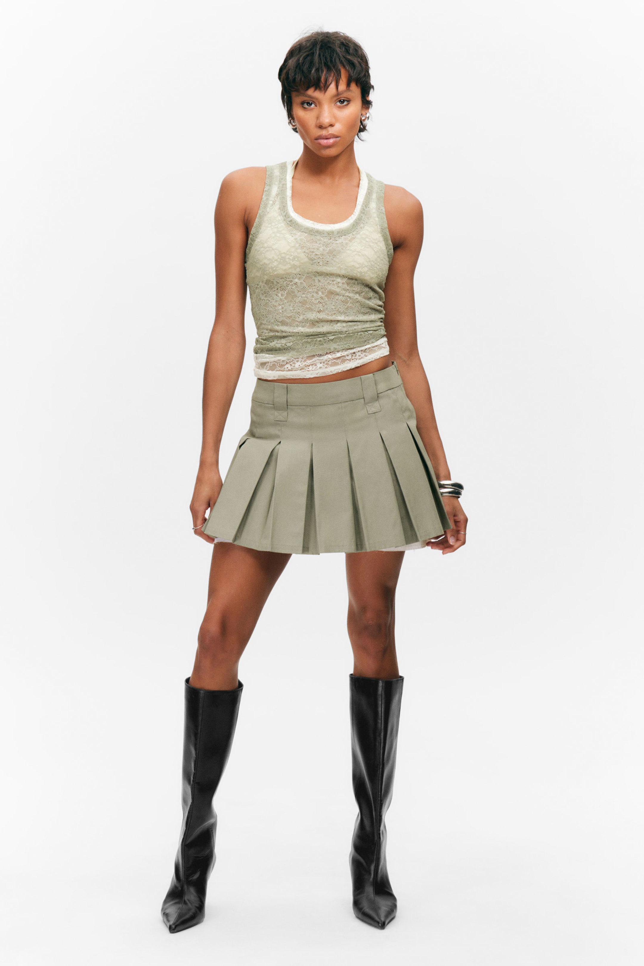#8D8C81 - Mid-Rise Pleated Mini Twill Skirt - 1