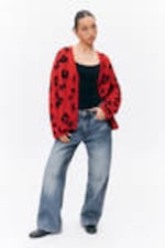 Red - Leopard - Fluffy knit cardigan - 1
