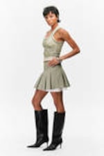 Khaki Green - Mid-Rise Pleated Mini Twill Skirt - 2
