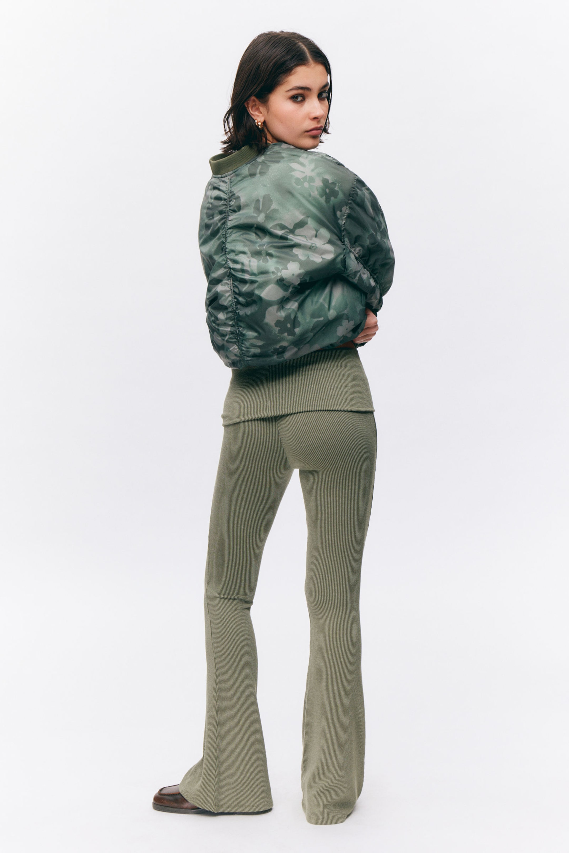 Dark Khaki Green - Low Waist Flared Ribbed Trousers - 2