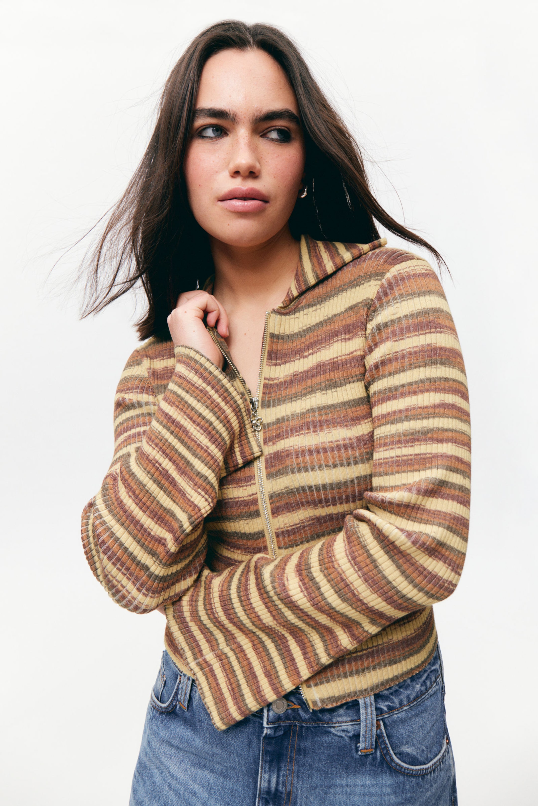 #5C5440 - Flare-Sleeved Rib-Knitted Cardigan - 1