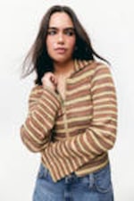 Brown Stripes - Flare-Sleeved Rib-Knitted Cardigan - 0