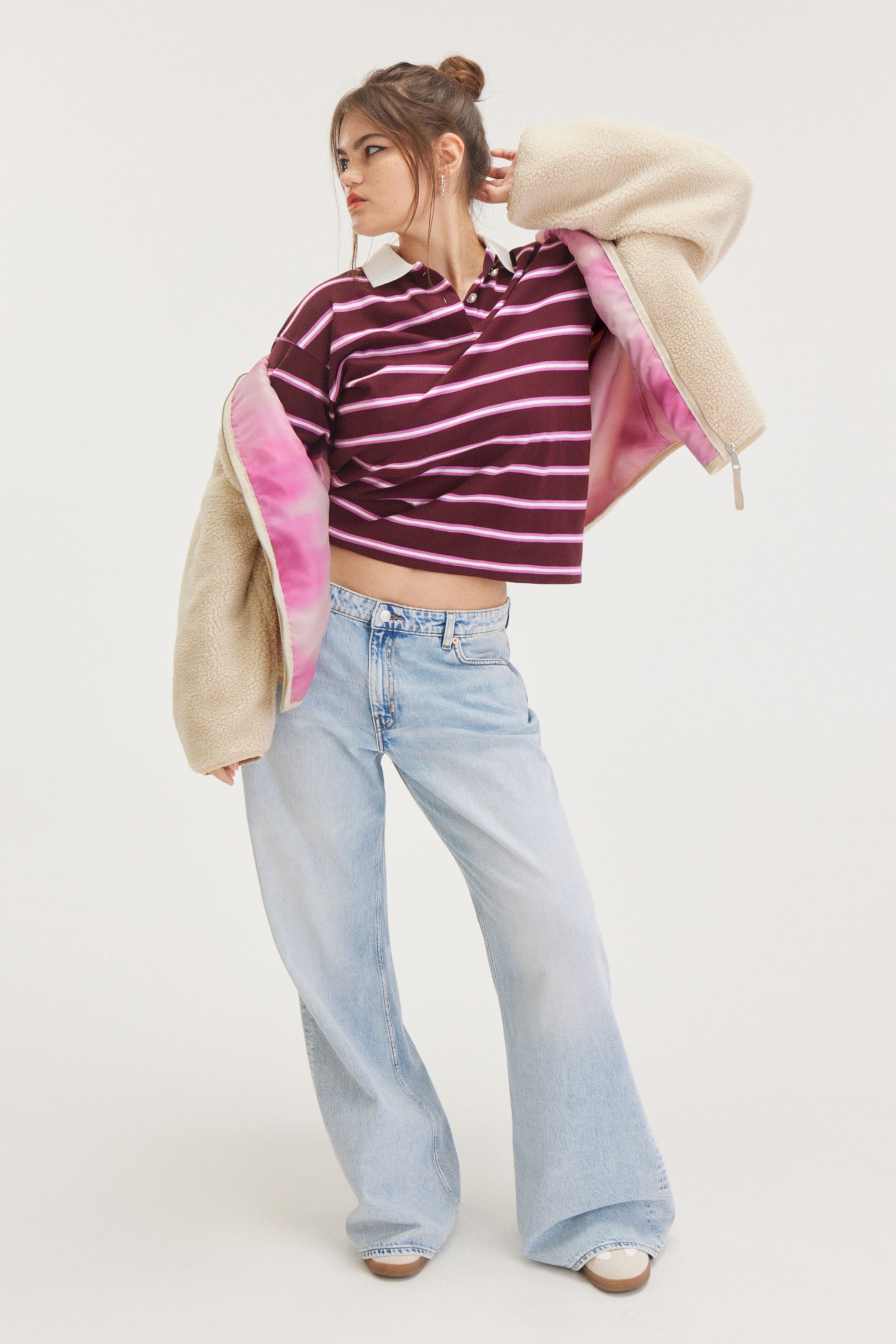 Dusty White - Pink Lining - Loose Fleece Zip Jacket - 2