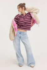 Dusty White - Pink Lining - Loose Fleece Zip Jacket - 2