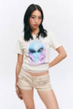 Dusty White - Stardust Shore - Cropped Printed Cotton T-Shirt - 0
