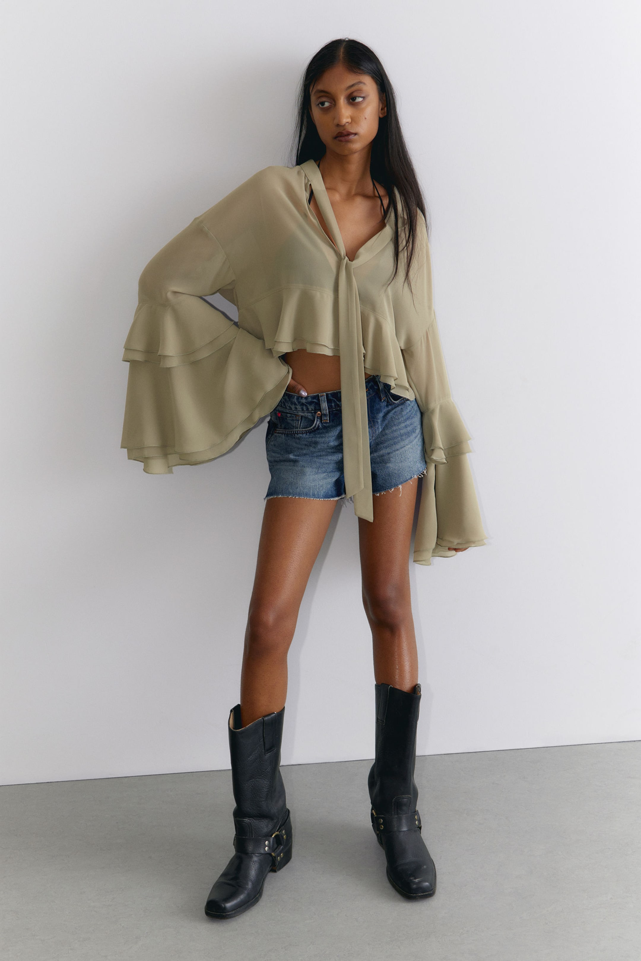 #8D8C81 - Flared Frill-Sleeved Tie-Neck Blouse - 1
