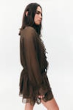 Dark Brown - Frilled V-neck Mini Dress - 2