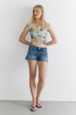 Floral Yellow - Lace Cap-Sleeved Tie-Front Top - 1