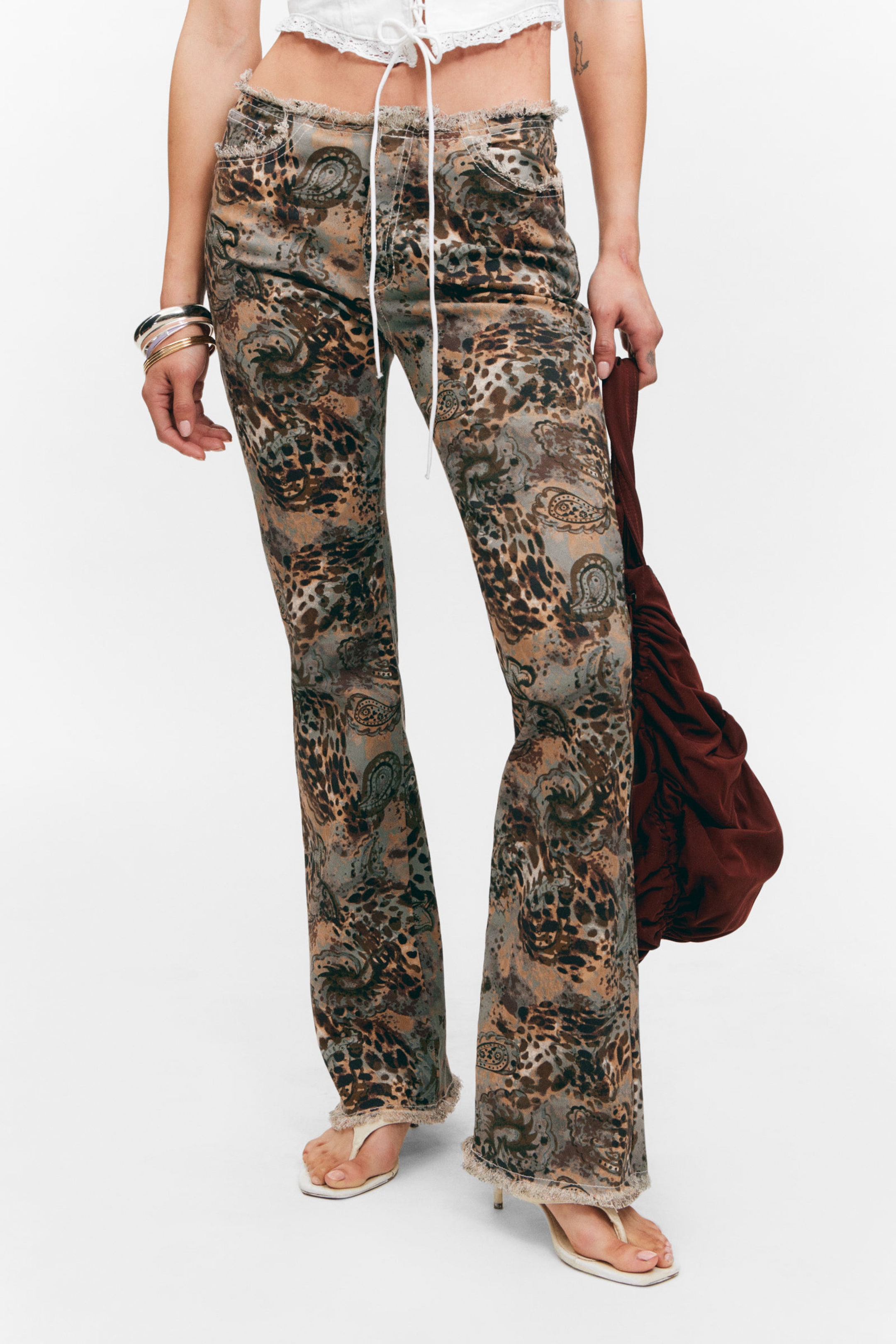 #D9D1BD - Frayed Low Waist Twill Trousers - 2