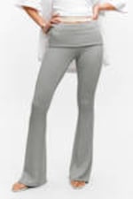 Dusty Grey - Low Waist Flared Ribbed Trousers - 1