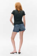 Dark Grey - Frill-Edge Ribbed Knitted Top - 2