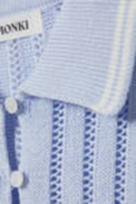 Light Blue - White Stripes - Knitted Short-Sleeved Cotton Polo Top - 5