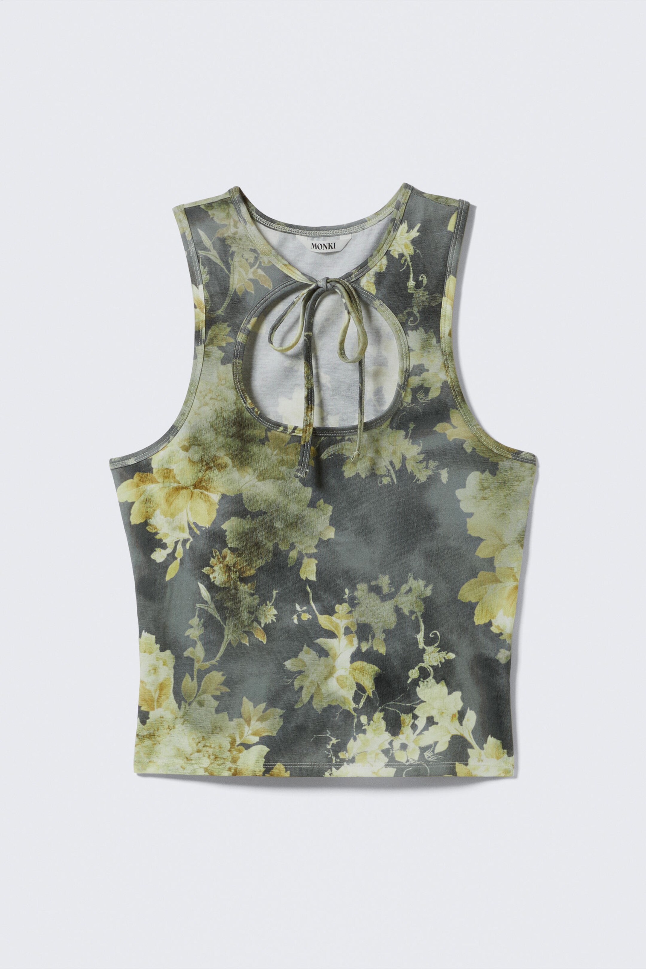Dark Grey - Dirty Floral - Tie-Front Cotton Tank Top - 4