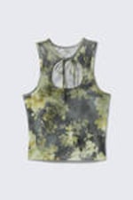 Dark Grey - Dirty Floral - Tie-Front Cotton Tank Top - 4