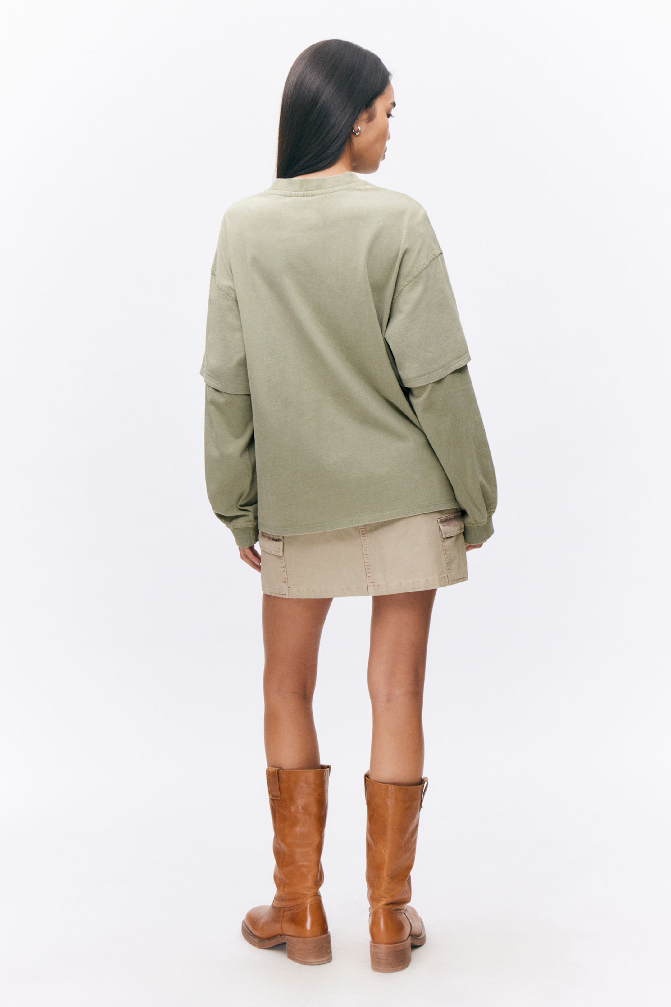 Light Khaki - Cosmic Echo - Long-Sleeved Double-Layered Oversized T-shirt - 2
