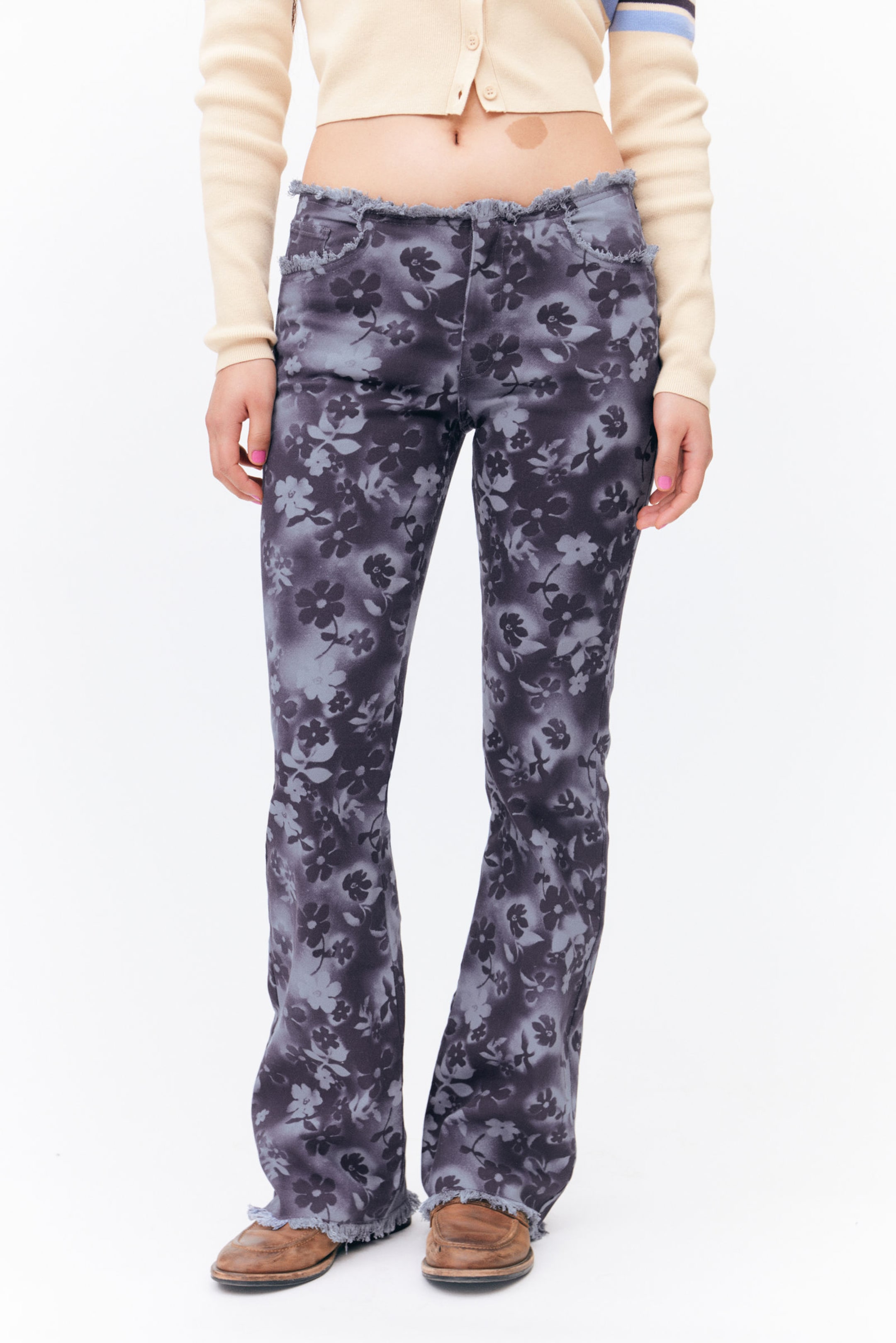 Blue Floral - Frayed Low Waist Twill Trousers - 1