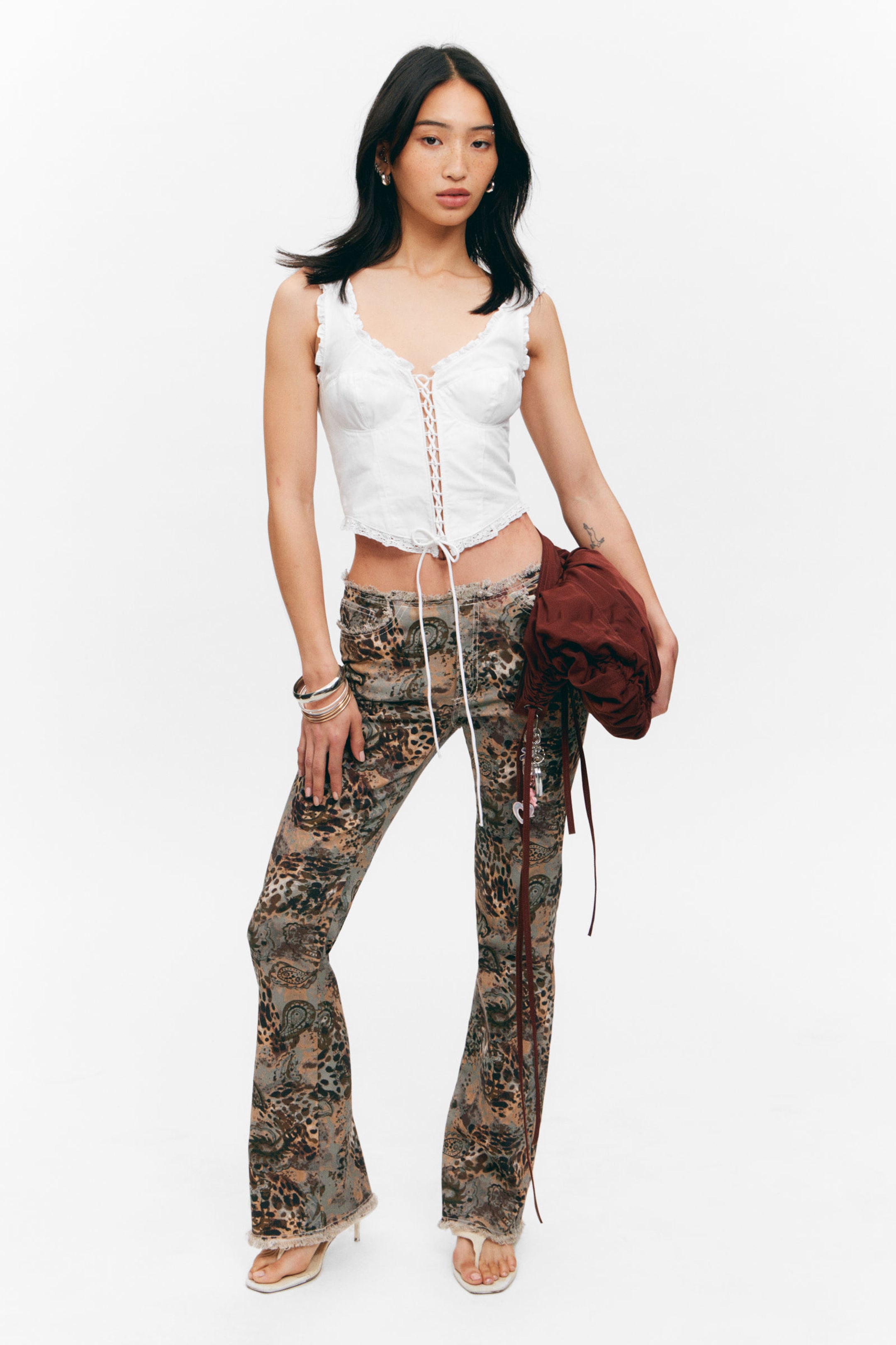 #D9D1BD - Frayed Low Waist Twill Trousers - 1