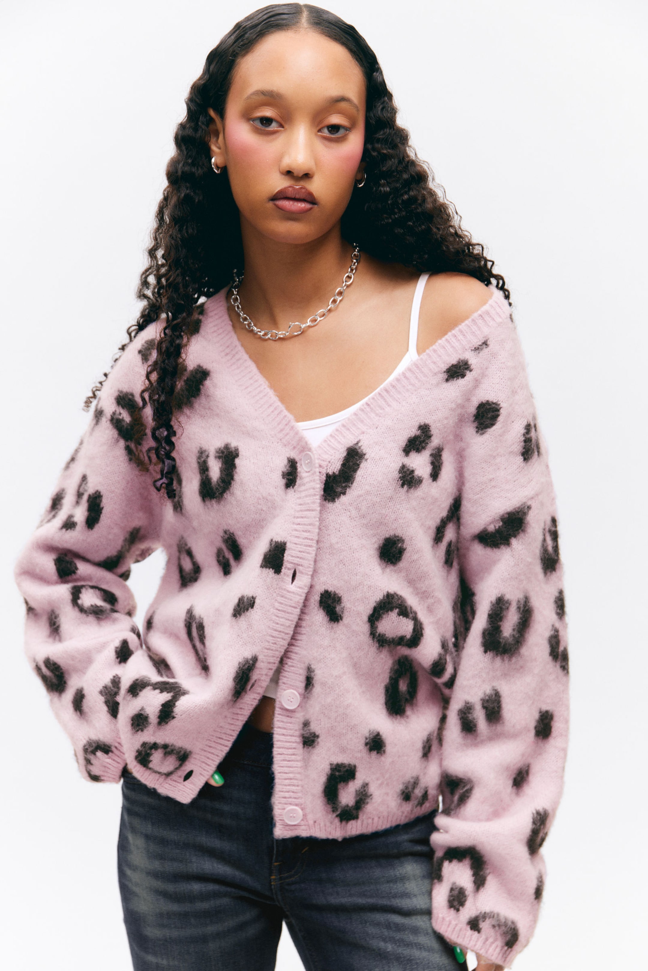 Light Pink - Leopard - Fluffy knit cardigan - 0