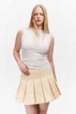 Beige - Mid-Rise Pleated Mini Twill Skirt - 2
