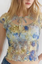 Floral Yellow - Lace Cap-Sleeved Tie-Front Top - 2
