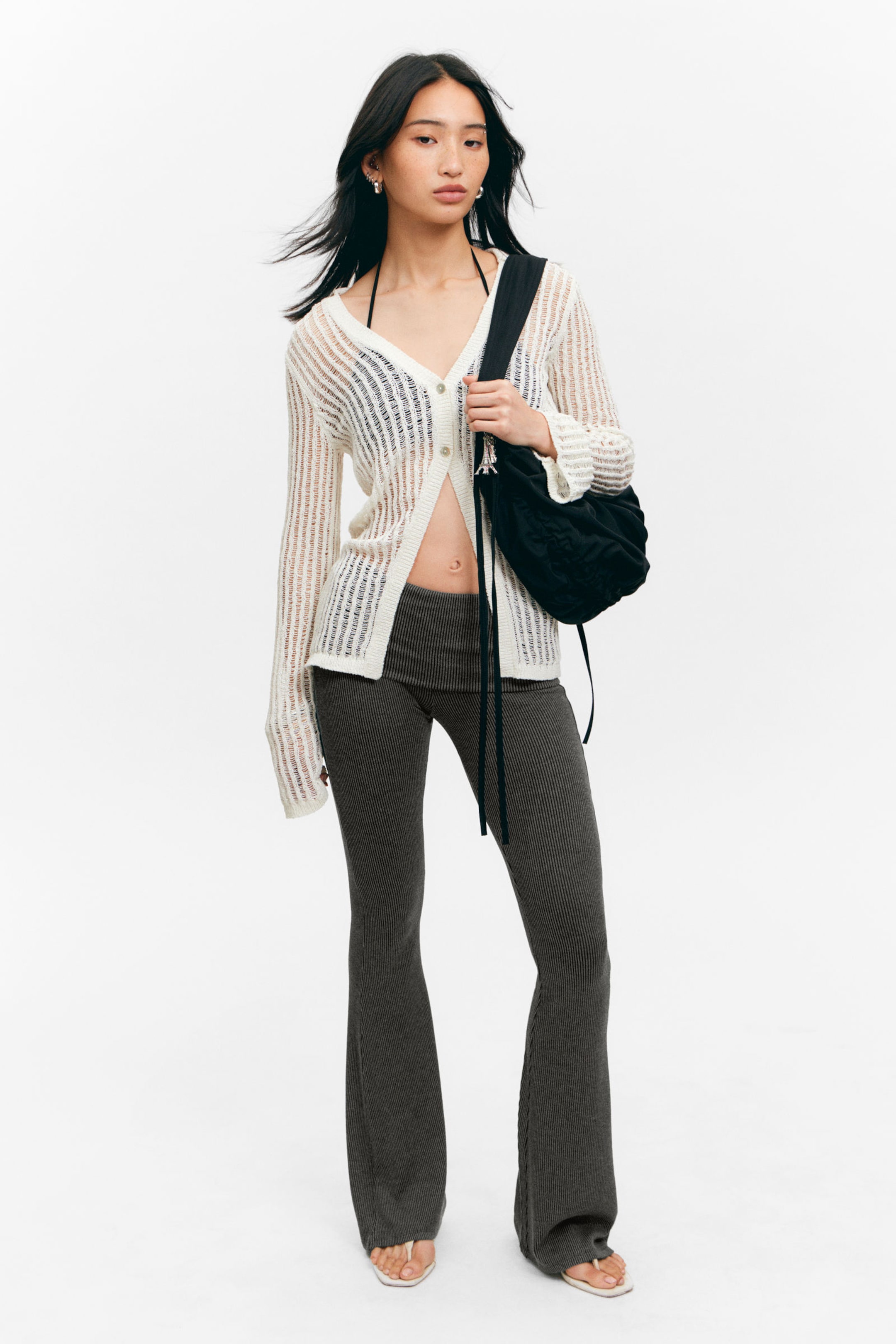 #33363A - Low Waist Flared Ribbed Trousers - 1