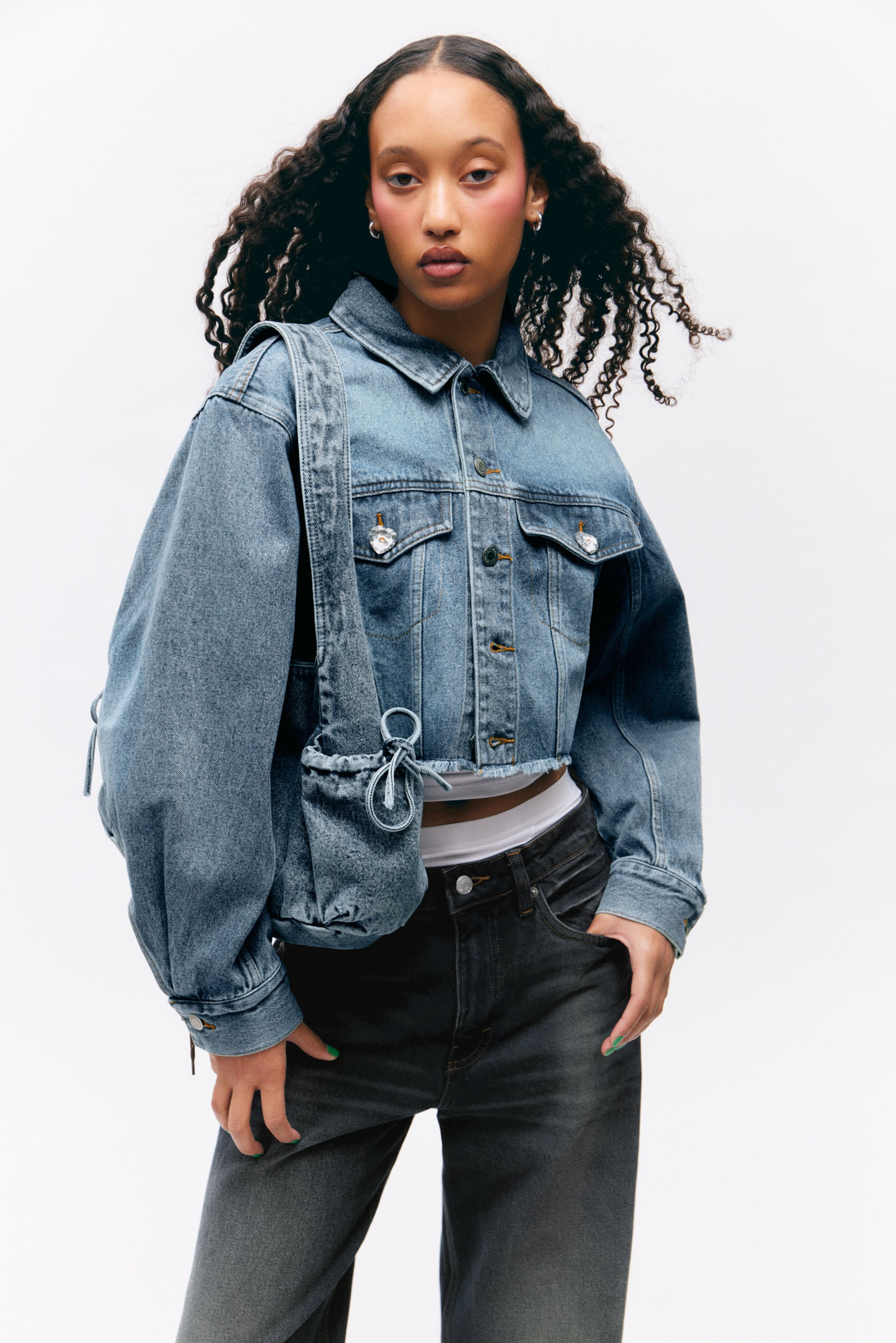 #4C5164 - Cropped Oversized Barrel-Sleeved Denim Jacket - 1