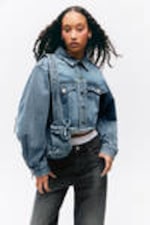 Starling Blue - Cropped Oversized Barrel-Sleeved Denim Jacket - 0