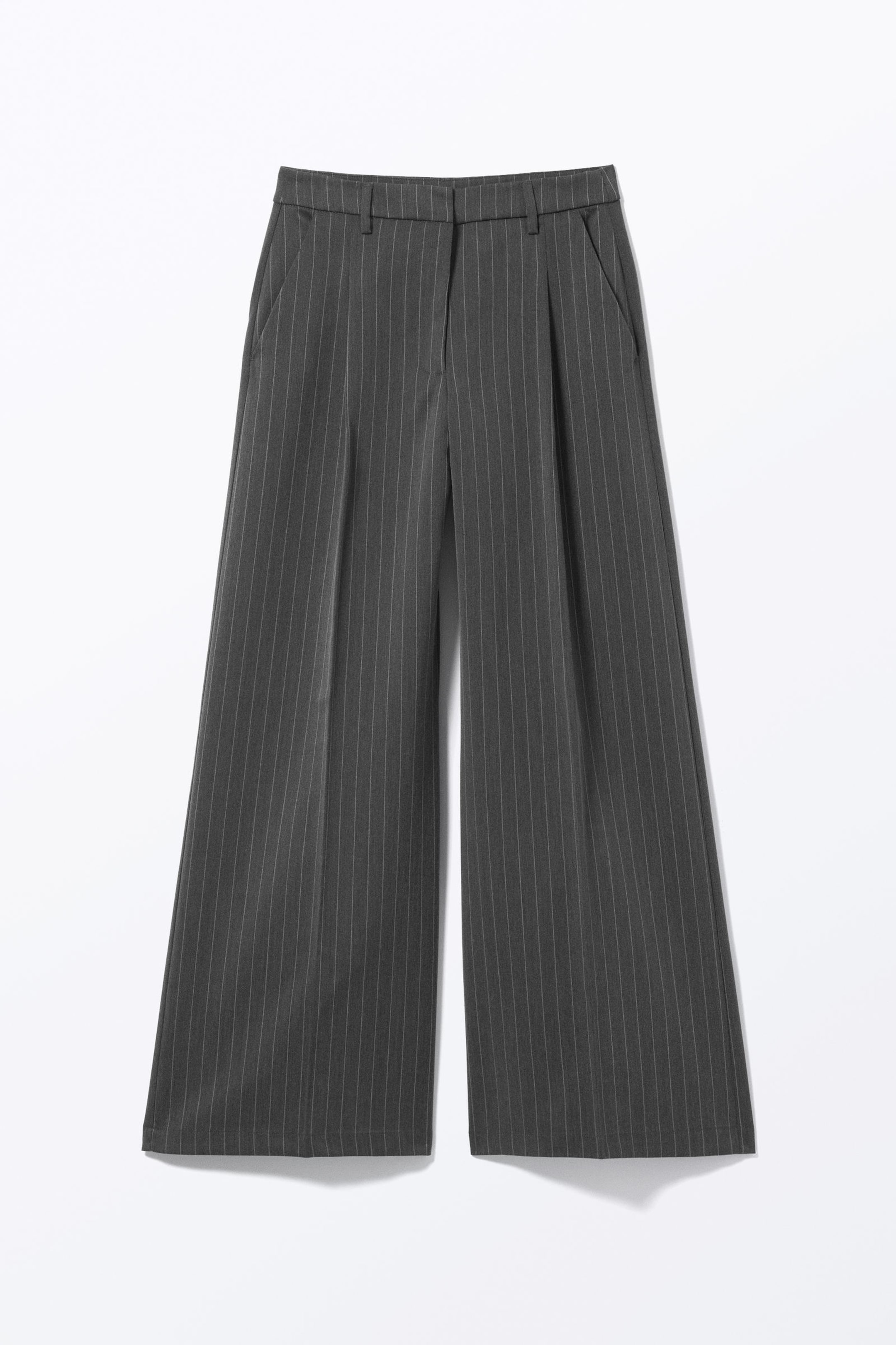 Striped Dark Grey - Pleated High Waist Wide Leg Suiting Trousers - 3