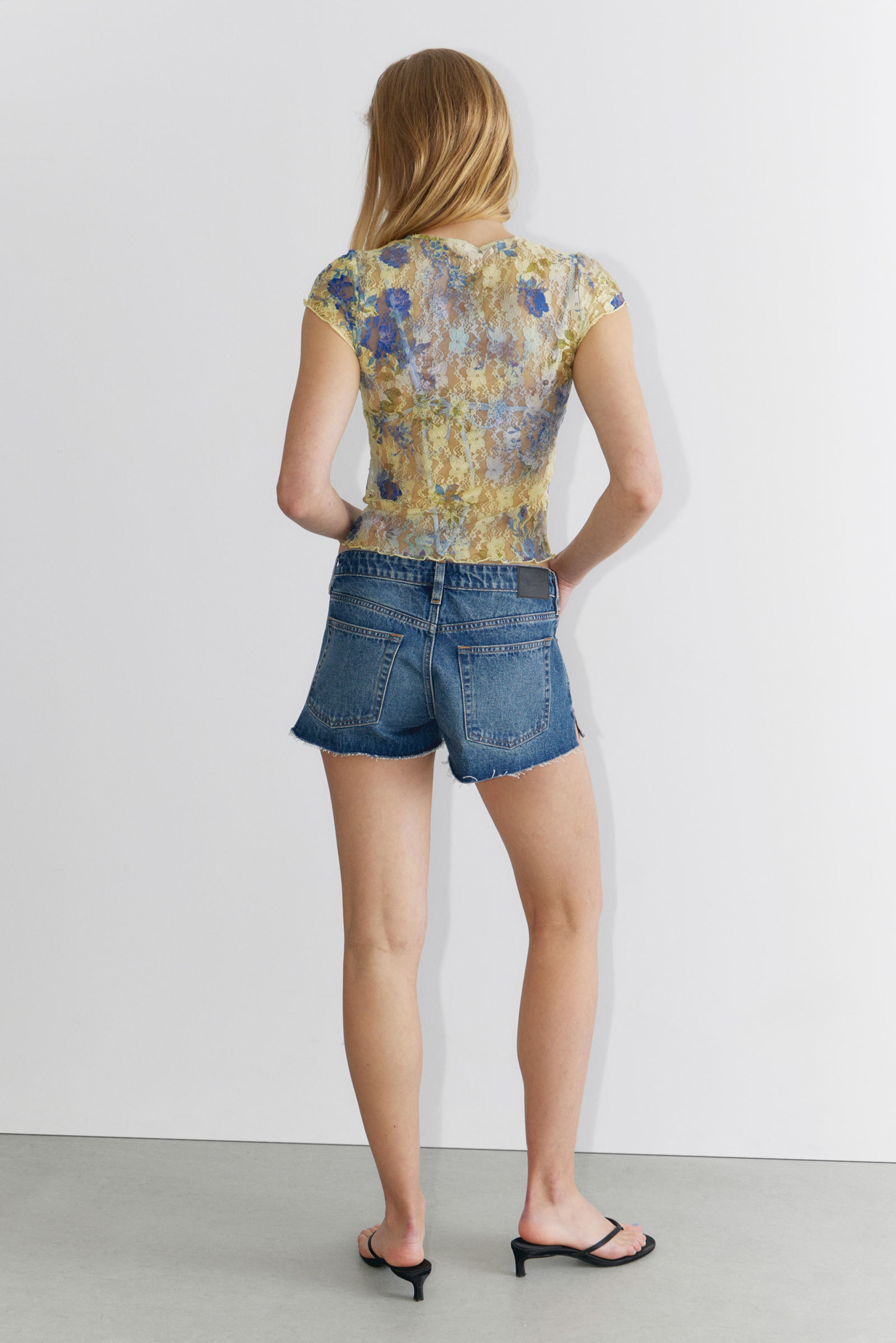 Floral Yellow - Lace Cap-Sleeved Tie-Front Top - 3