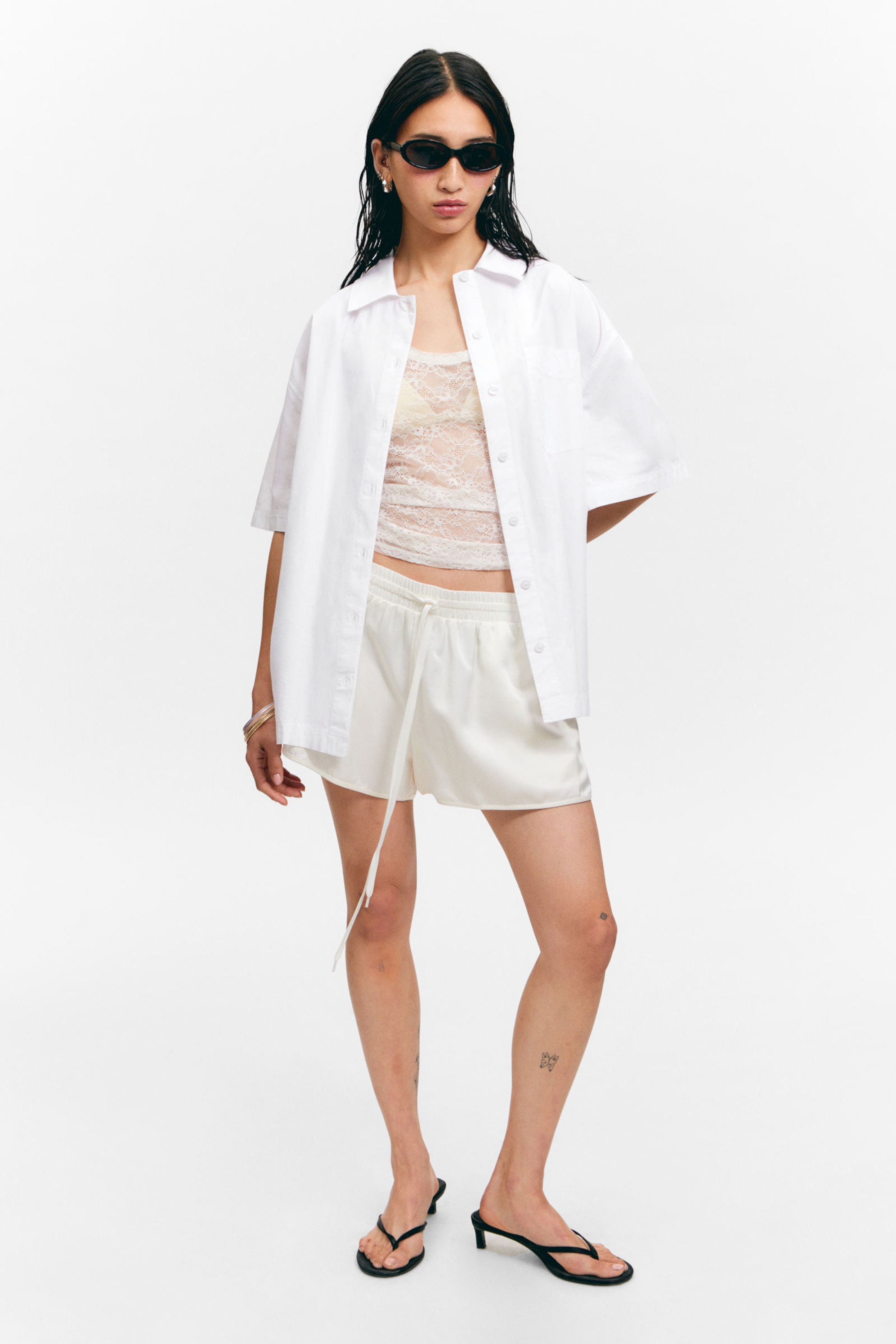 #FFFFFF - Oversized Short-Sleeved Cotton Poplin Shirt - 1